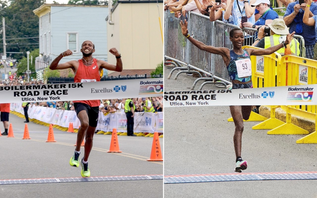 Men's winner Jemal Yimer of Ethiopia and Jesca Chelangat of Kenya crossing the finish lines of the Boilermaker 15K presented by Excellus BlueCross BlueShield on Sunday, July 9, 2023.