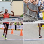 Men's winner Jemal Yimer of Ethiopia and Jesca Chelangat of Kenya crossing the finish lines of the Boilermaker 15K presented by Excellus BlueCross BlueShield on Sunday, July 9, 2023.