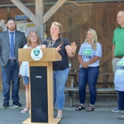 Amy Hoefele of Appleridge Farm in Fonda speaks today at Karen’s Produce during a press conference kicking-off the Farm to Table Tour and Harvest Connection program.