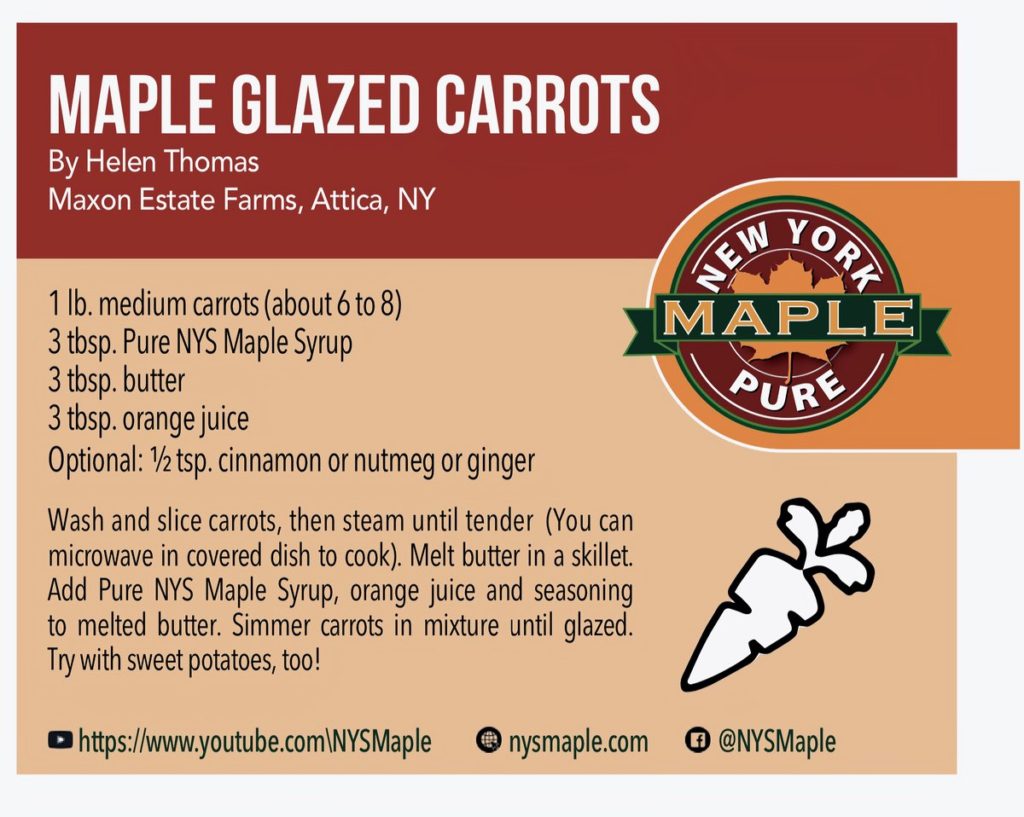 Holiday Meal Prep, Maple Glazed Carrots, Recipients by Helen Thomas, Graphic by NYS Maple