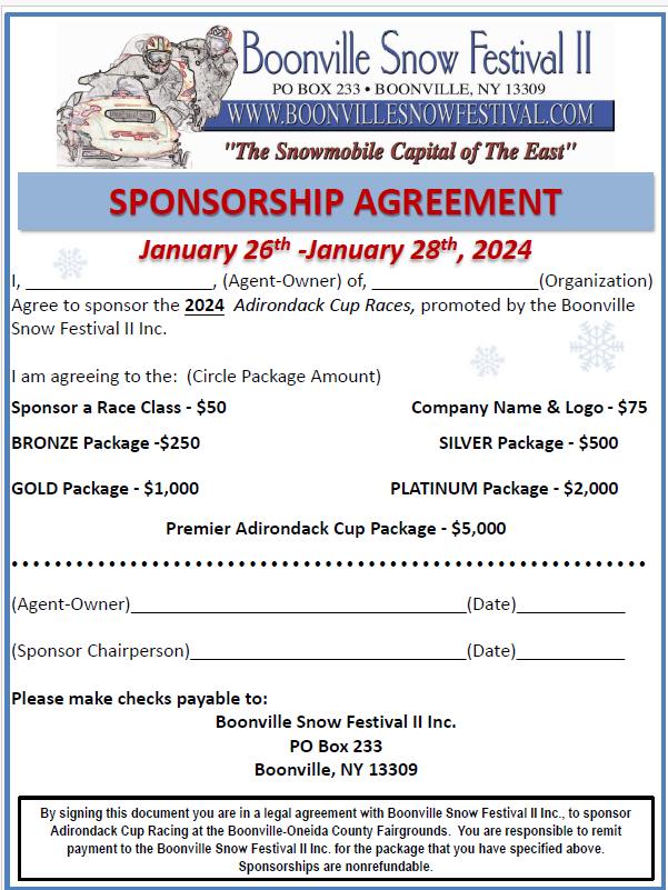 Boonville Snow Festival II 2024 Sponsorship Form, Image from Boonville Snow Festival II Facebook event page.