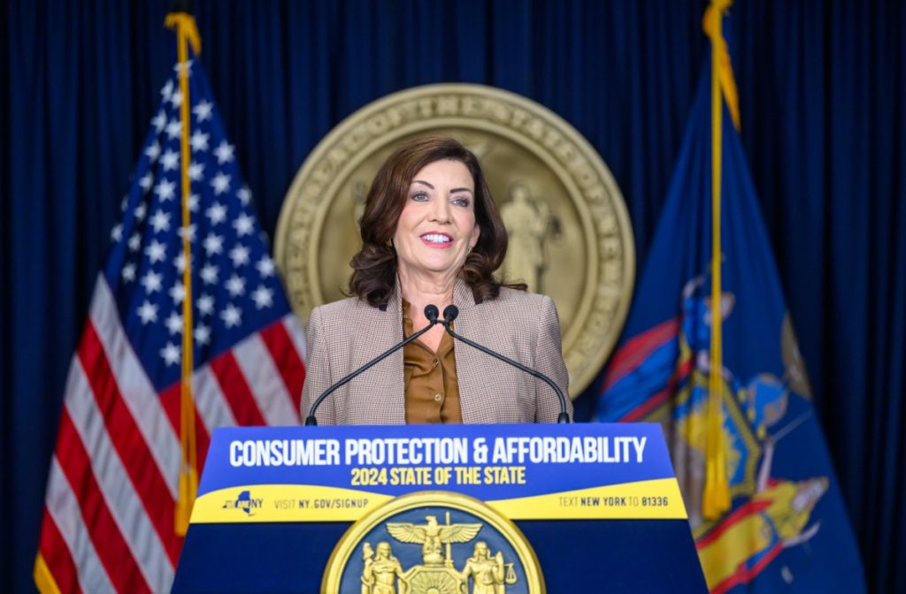 Governor Kathy Hochul unveils a sweeping consumer protection and affordability agenda, the first plank of her 2024 State of the State. Governor Hochul announced proposals to amend New York’s consumer laws to strengthen consumer protections against unfair business practices; establish nation-leading regulations for the Buy Now Pay Later loan industry; advance the first major increase in paid medical leave benefits in more than three decades; implement the nation’s most wide-ranging proposal to eliminate co-pays for insulin on certain insurance plans; and propose legislation to combat medical debt. (Susan Watts/Office of Governor Kathy Hochul)