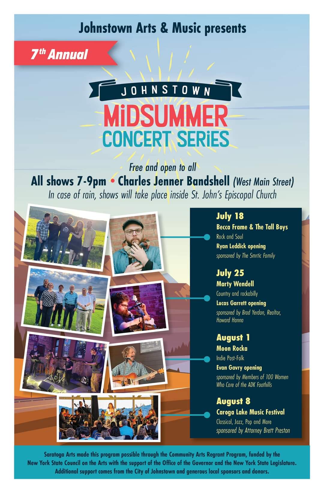 Johnstown Arts & Music presents this summer’s JOHNSTOWN MIDSUMMER CONCERT SERIES with all shows from 7-9pm. Free for all.