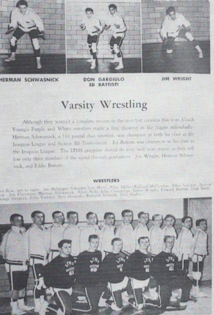 1961 wrestling team with sectional champion Herman Schwasnick.