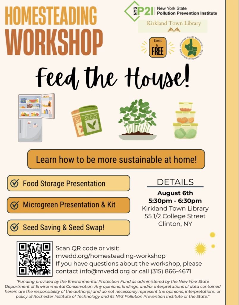 Feed the House Homesteading Workshop will take place on August 6, 2024, from 5:30pm-6:30pm at the Kirkland Town Library.