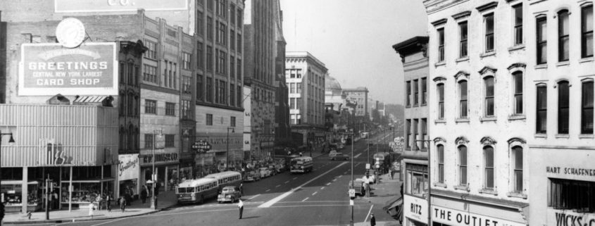 Utica’s “Busy Corner” at Genesee and Bleeker Streets in the late 1940s. Photo courtesy of the Oneida County History Center.