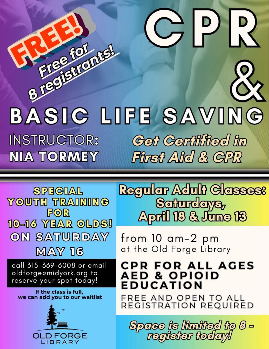 Free CPR, Basic Life Support and First Aid Class at the Old Forge Library
