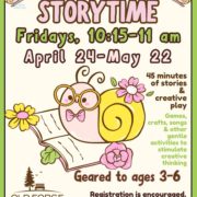 Five Spring Story Time sessions will be held on Fridays from April 24 through May 22 from 10:15–11:00 am, at the Old Forge Library, located at 220 Crosby Boulevard.