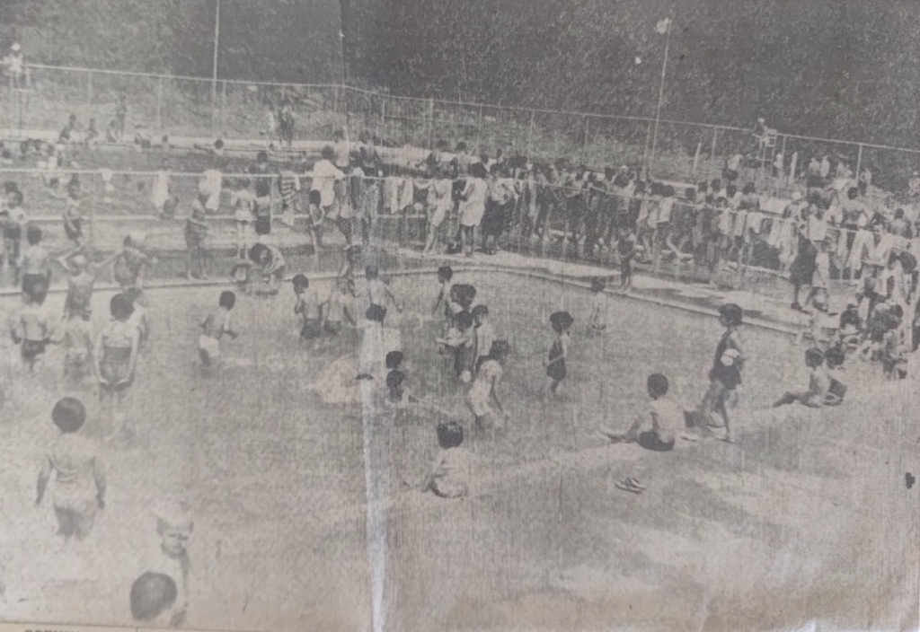 OPENING AFTERNOON CROWD taxed tacilities at the new Little Falls Francis S. Skinner Municipal Pool. In foreground is fenced off area for small children, with shallow water. Swimming area for older persons is considerably larger and diving area is at right. OPENING AFTERNOON CROWD taxed tacilities at the new Little Falls Francis S. Skinner Municipal Pool. In foreground is fenced off area for small children, with shallow water. Swimming area for older persons is considerably larger and diving area is at right.