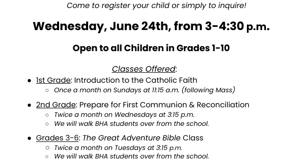 Faith Formation Registration Fair at Holy Family Parish in Little Falls