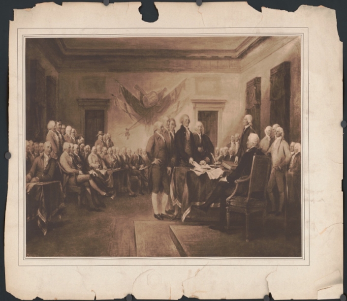 COMMITTEE OF FIVE PRESENTING THE DECLARATION OF INDEPENDENCE TO CONGRESS IN 1776.