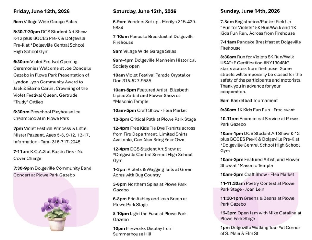 2026 Dolgeville Violet Festival Schedule