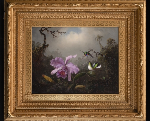 Cattleya Orchid with Two Brazilian Hummingbirds, 1871, Martin Johnson Heade, oil on panel, Fenimore Art Museum, Cooperstown, New York, Gift of the Eugene V. and Clare E. Thaw Charitable Trust. N0007.2024(01). Photograph by Richard Walker.